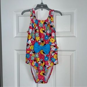 Disney Girls Red Floral Minnie One-Piece Swimsuit with Blue Bow